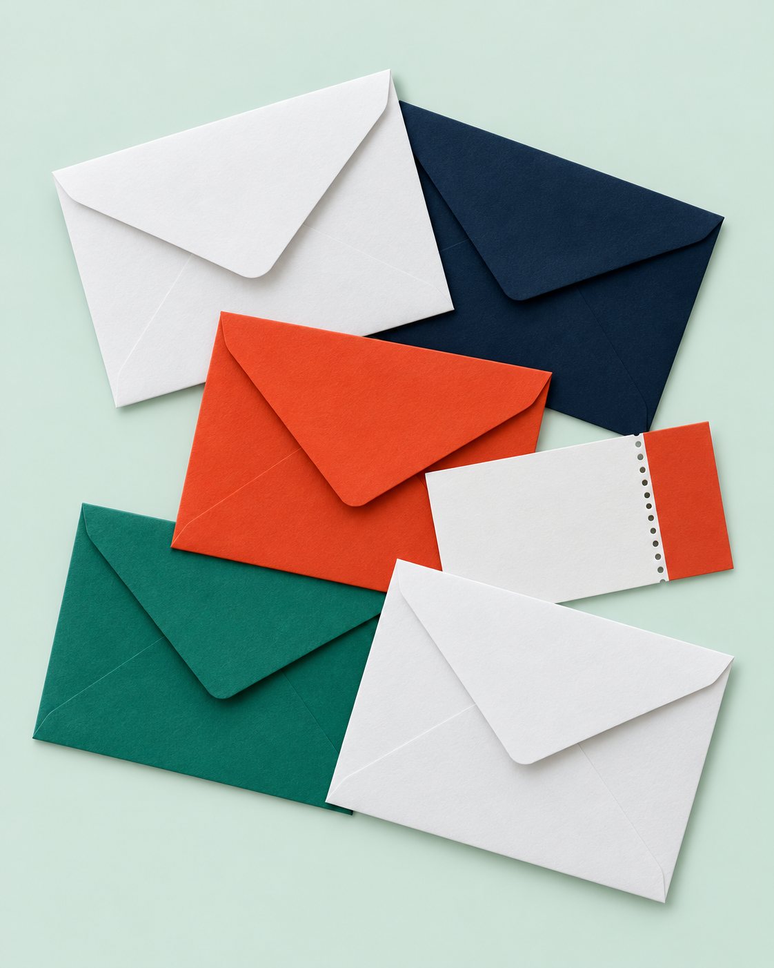 Illustration en vue du dessus : enveloppes blanches, bleu nuit, vermillon et vertes, dont un talon-réponse perforé, sur un plan menthe