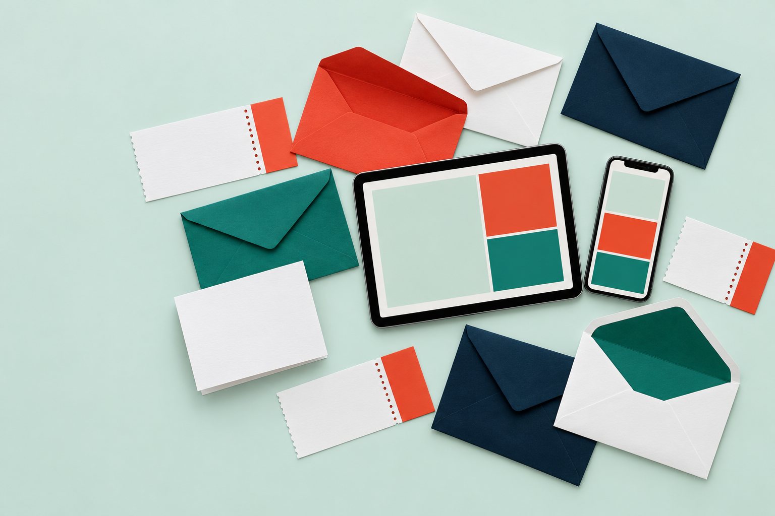 Illustration en vue du dessus : enveloppes blanches, bleu nuit, vermillon et vertes, talons-réponses perforés, une tablette et un téléphone, sur un plan menthe
